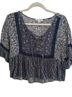 American Eagle Outfitters Navy Paisley Lace-Up Peasant Blouse